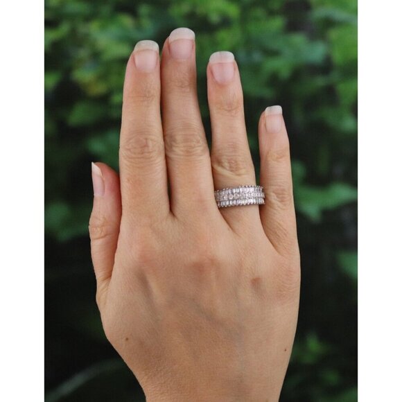 Sterling Silver Cubic Zirconia Three Row Band Baguette CZs Ring Band Size 7 1/4 - Picture 2 of 7